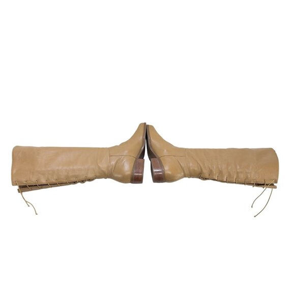 MARKON Women's Tan Leather Knee-High Boots Lace-Up Back Low Heel Size - Picture 5 of 11